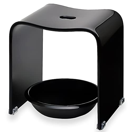Kuai アクリル バスチェア ボウル セット 風呂椅子 洗面器 高さ35cm Lサイズ (ブラック)